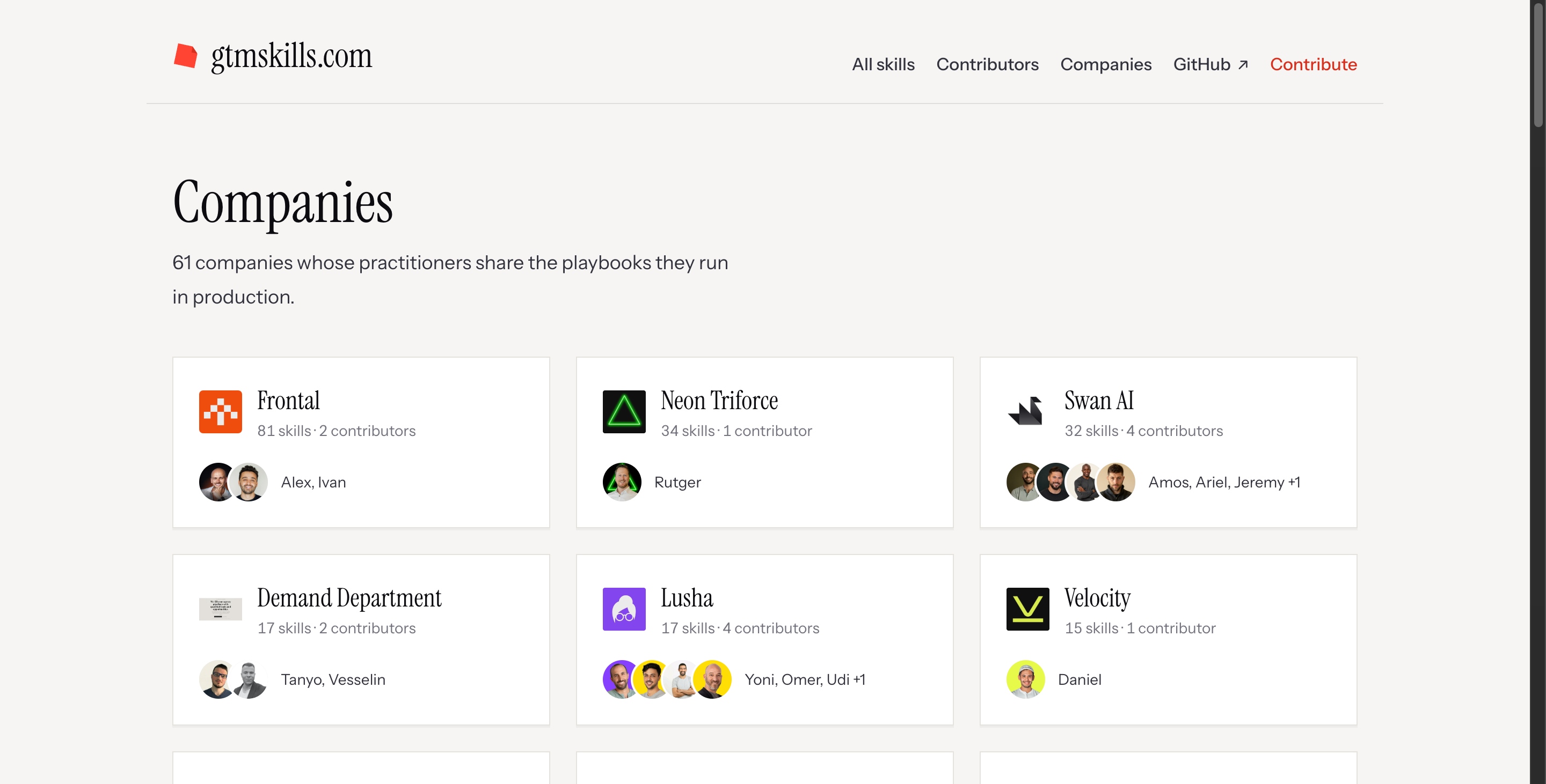 The Companies page on GTMSkills.com listing 61 contributing companies