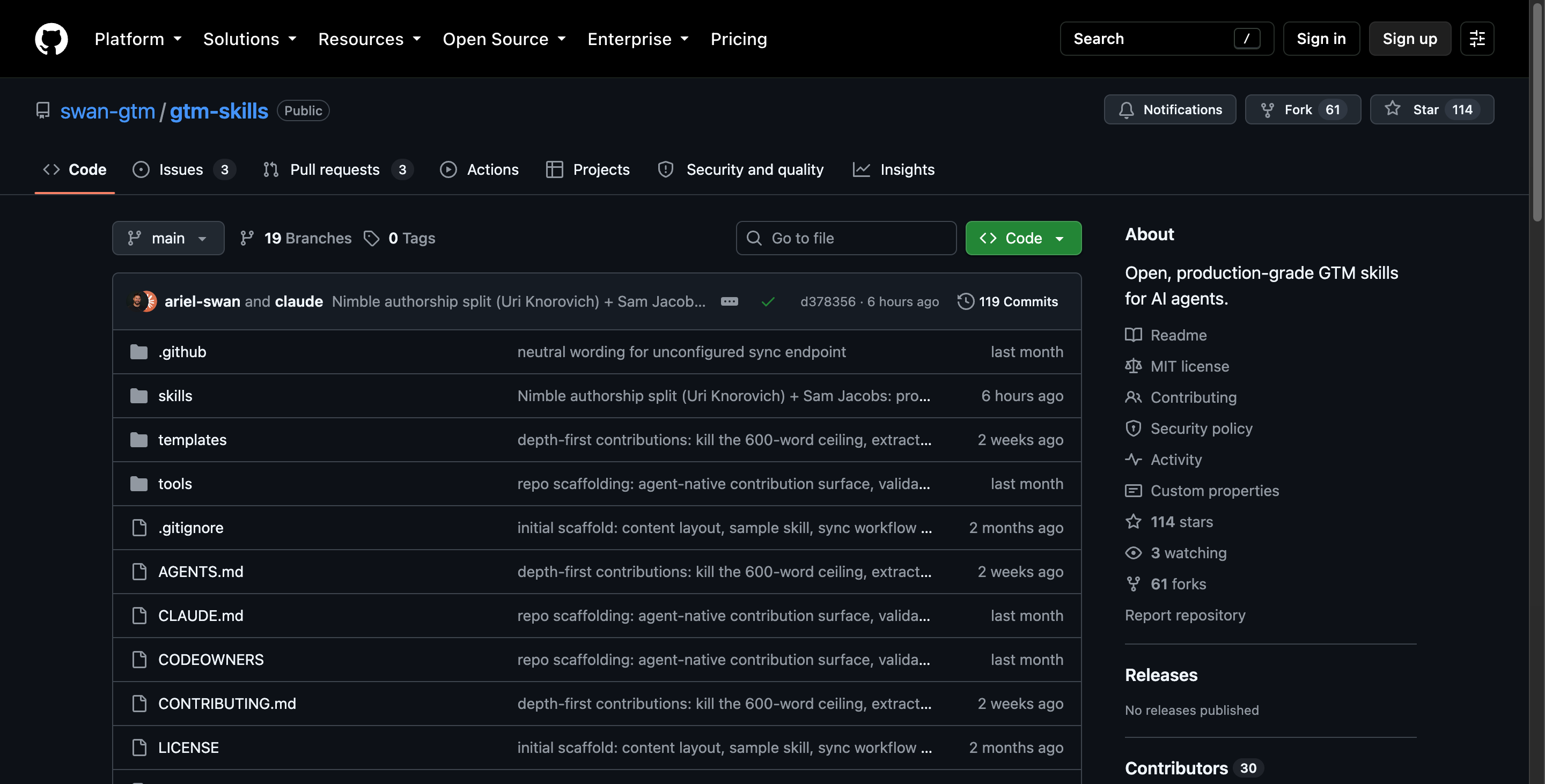The gtm-skills GitHub repository showing 114 stars, 61 forks, and 119 commits